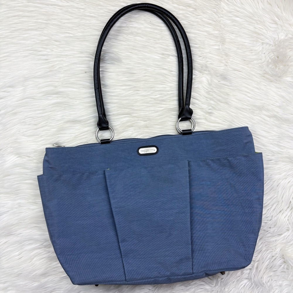 Baggallini A La Carte Tote Bag Blue Nylon Leather Straps Travel Commute Vacation